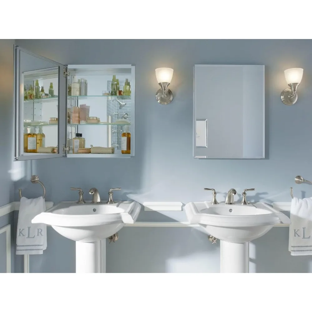 

Зеркальный шкаф с одной дверью и зеркалом, встроенный или поверхностный настенный шкаф для ванной комнаты, со скошенным краем, серебристый