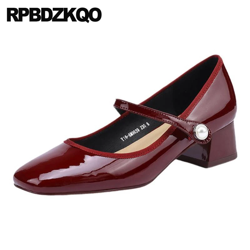 

Shoes Pumps Women Medium Heel Bridesmaid Patent Leather 34 Strap Pearl Real Spring Vintage Mary Jane Block Square Toe Burgundy