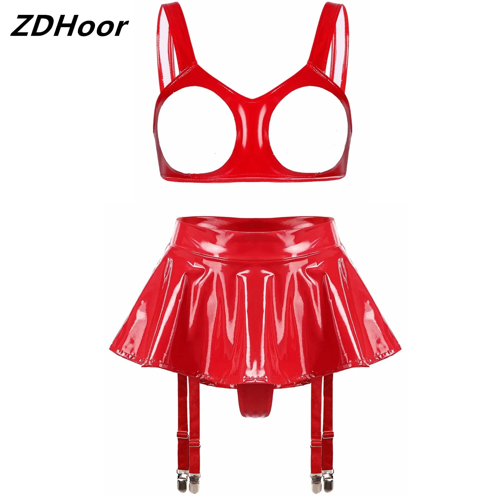 Womens Wet Look Patent Leather Lingerie Set Wire-free Open Cup Bra Top with Ruffle Built-in Thongs Garter Belt Skirt for Party
Womens Wet Look Patent Leather Lingerie Set Wire-free Open Cup Bra Top with Ruffle Built-in Thongs Garter Belt Skirt for Party