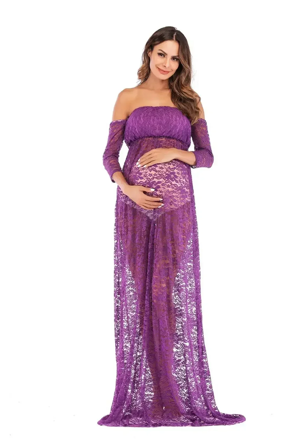 

Sexy Lace Maternity Dresses For Photo Shoot Shoulderless Pregnancy Dress Photography Props Long Pregnant Women Maxi Gown Clothes