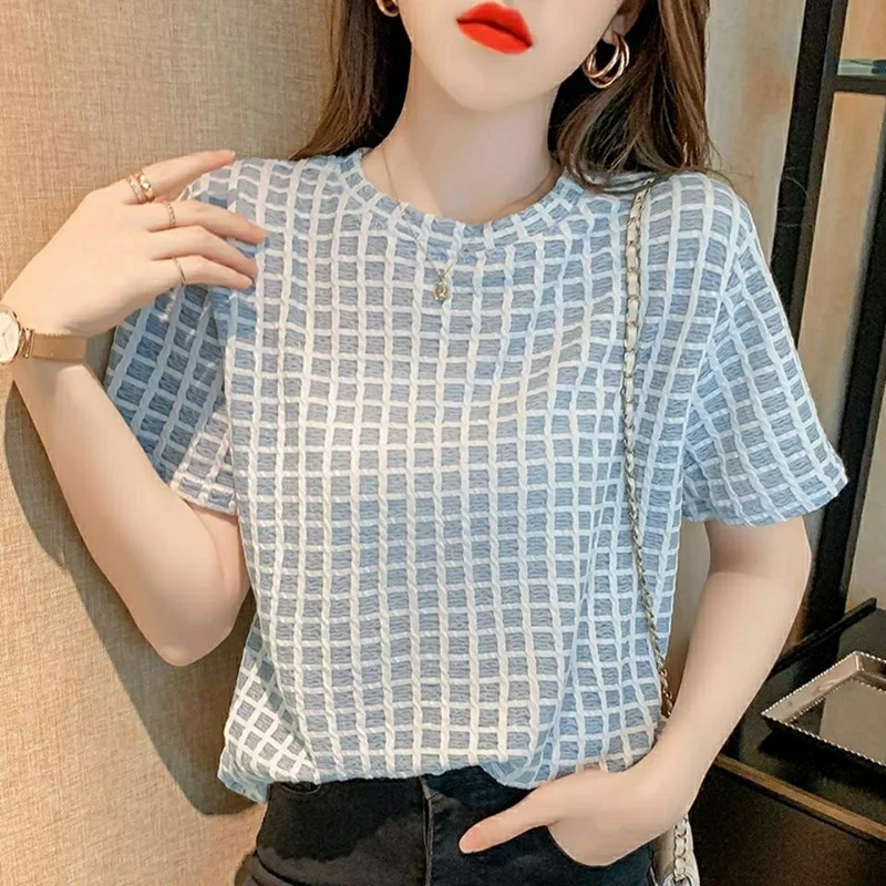 New Blue Plaid T-Shirts for Women Round Neck Short Sleeve Summer Tops Plus Size Tees Sexy Hald See Through Retro Check Blouses
New Blue Plaid T-Shirts for Women Round Neck Short Sleeve Summer Tops Plus Size Tees Sexy Hald See Through Retro Check Blouses