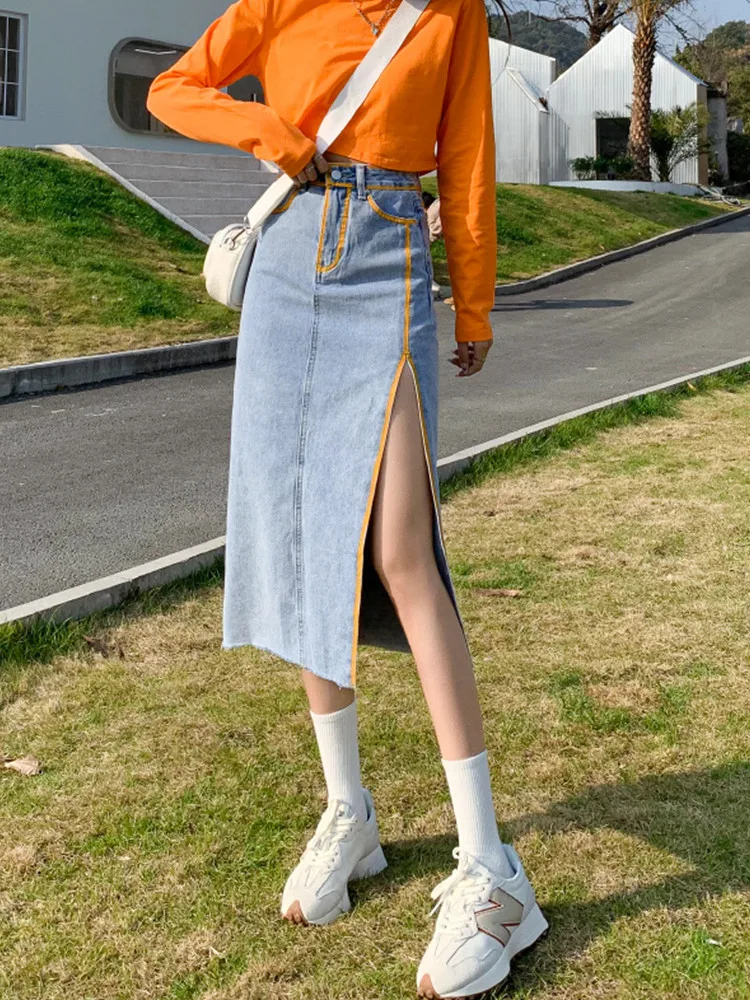 New Spring Summer High Waisted Side Split Denim Skirt Women's Mid Length Jean Skirts Fashion Harajuku Faldas Largas Mujer
New Spring Summer High Waisted Side Split Denim Skirt Women's Mid Length Jean Skirts Fashion Harajuku Faldas Largas Mujer