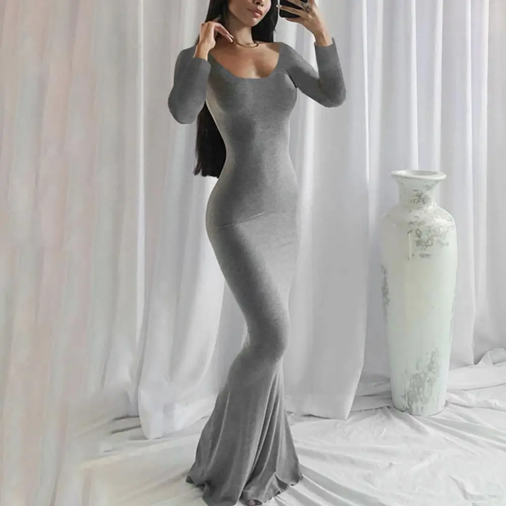 

Women Elastic Dress Women Maxi Dress Stylish Women's Autumn Maxi Dress Slim Fit Scoop Neck Long Sleeve Fishtail Hem