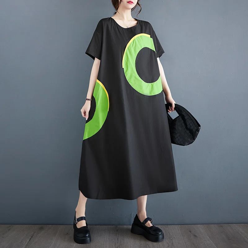 

#6528 летнее черное платье-миди с разрезом, свободное уличное платье-трапеция с коротким рукавом, женское длинное платье-футболка с круглым вырезом и карманами