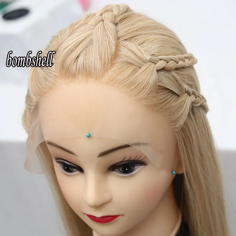 

Bombshell Blonde Mix Gold Straight Synthetic Lace Front Wigs Braided Glueless High Quality Heat Resistant Fiber Hair For Women
