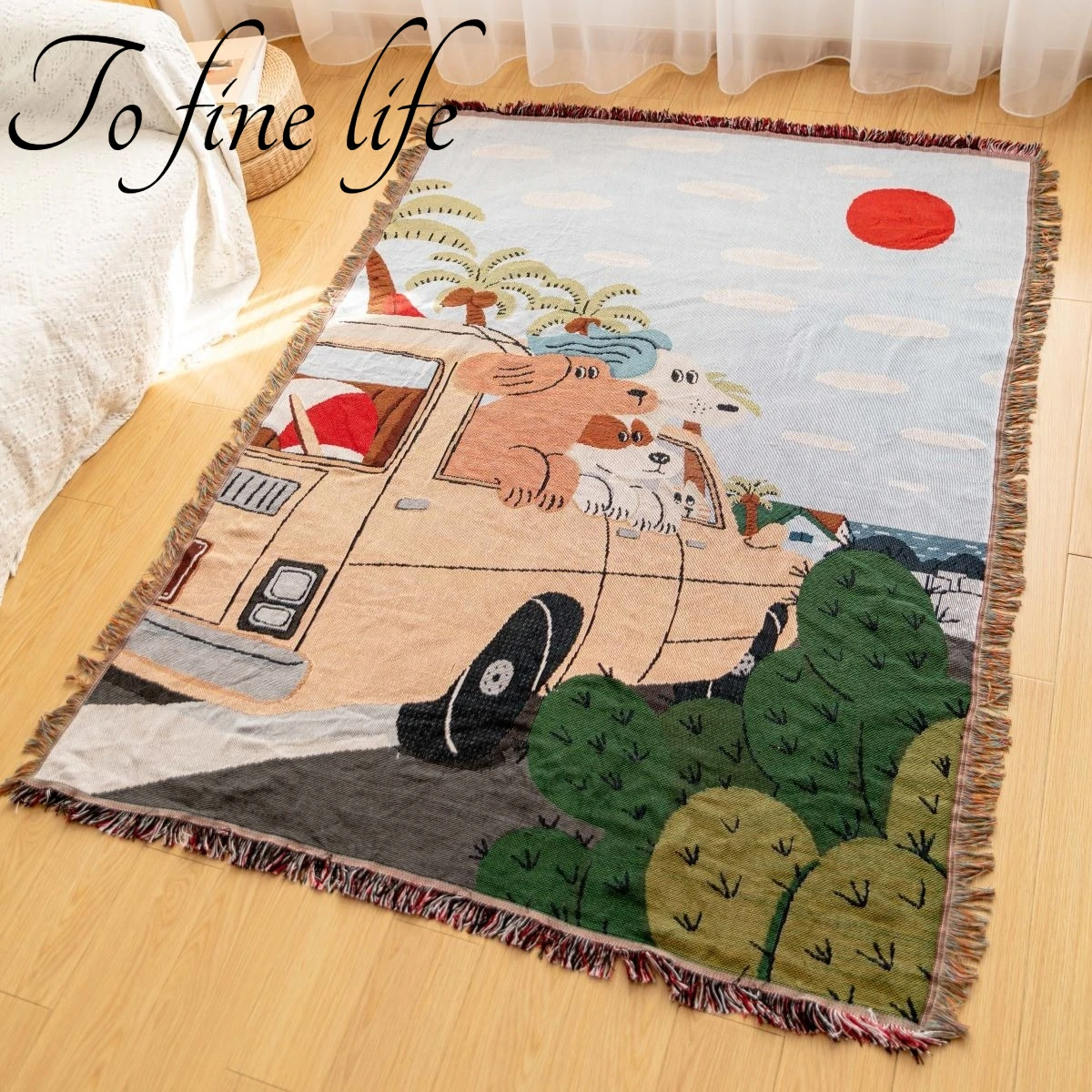 

Light Luxury Siesta Single Sofa Cover Cartoon Style Decorative Tapestry with Tassels Cute Moisture-proof Picnic Camping Blanket