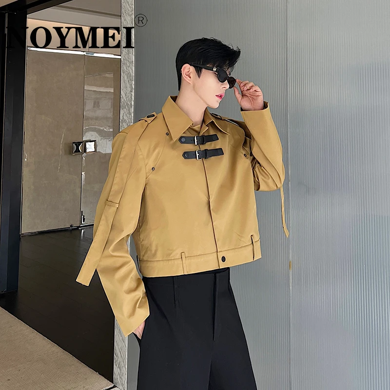 

NOYMEI Autumn Cargo Jacket Leather Buckle Silhouette Lapel Short Coat Khaki All-mtach Korean Style 2024 New Male Top Chic WA2806