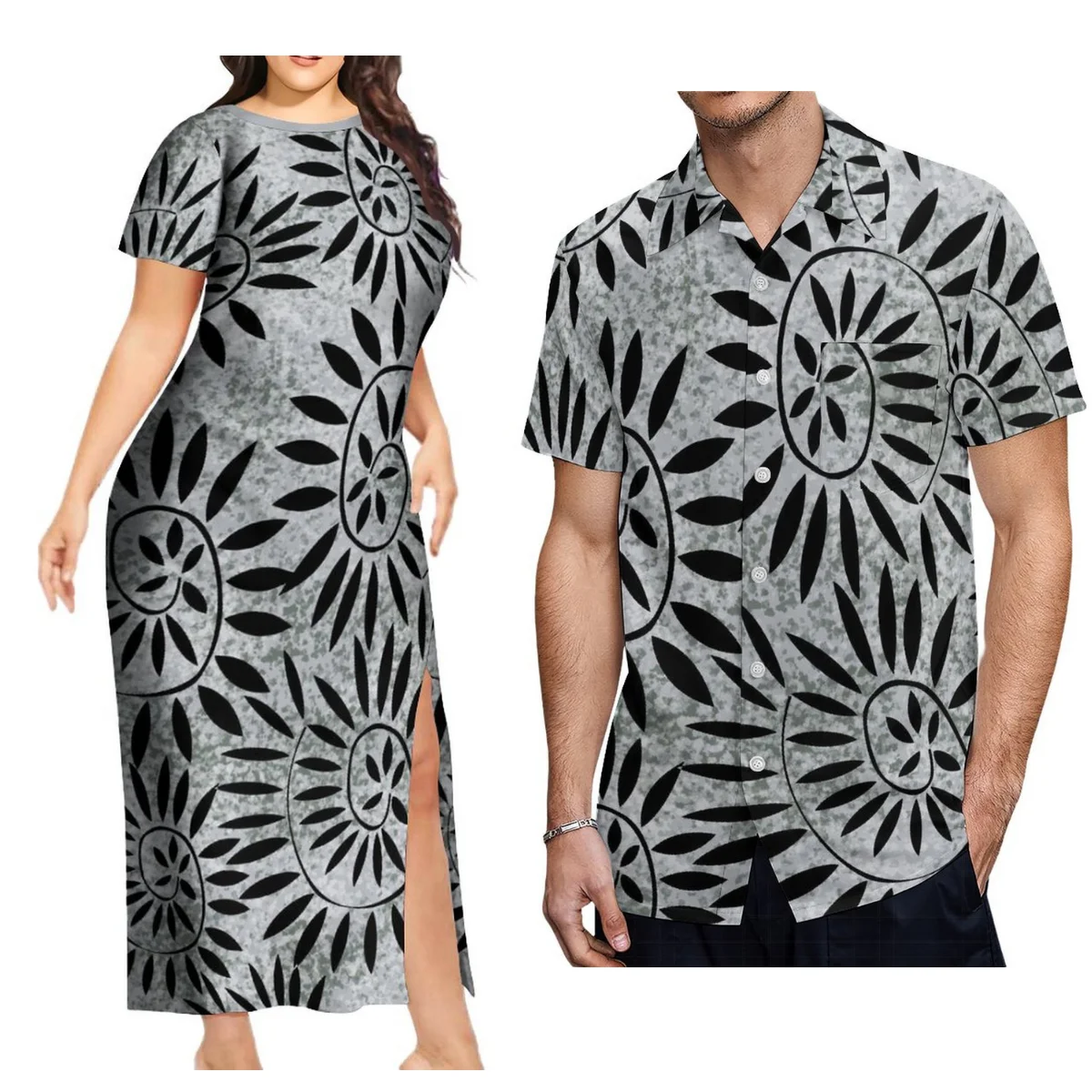 

Support The Design Of Women'S Short Sleeve Dress Crew-Neck Samoan Polynesian Tribal Pattern And Hawaiian Men'S Shirt Couple Suit