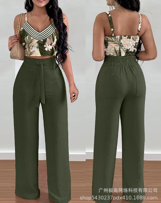 Women's Vacation suits 2024 Spring Summer Latest V-Neck Sleeveless Tropical Print Shirred Crop Top&high Waist Pocket Pants Set
Women's Vacation suits 2024 Spring Summer Latest V-Neck Sleeveless Tropical Print Shirred Crop Top&high Waist Pocket Pants Set