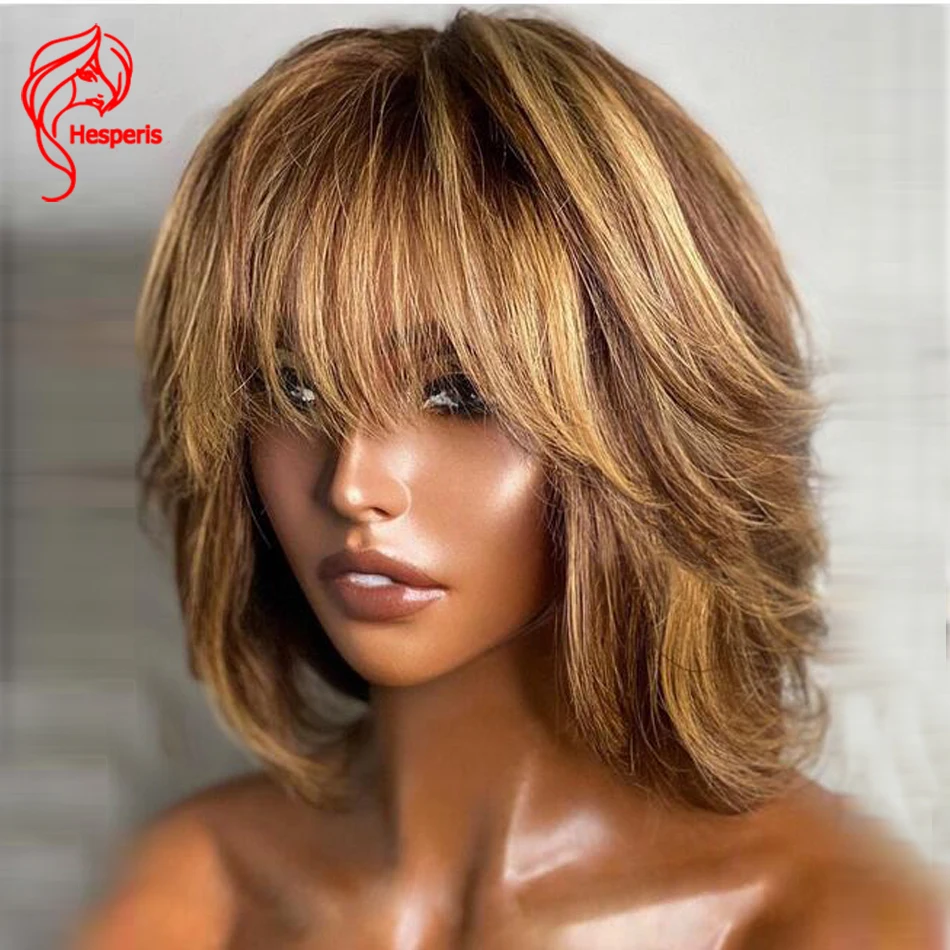 

Hesperis Honey Blonde Highlight Full Machine Made Wigs Human Hair Brazilian Remy Short Bob Cut Wig With Bangs Scalp Top Ombre