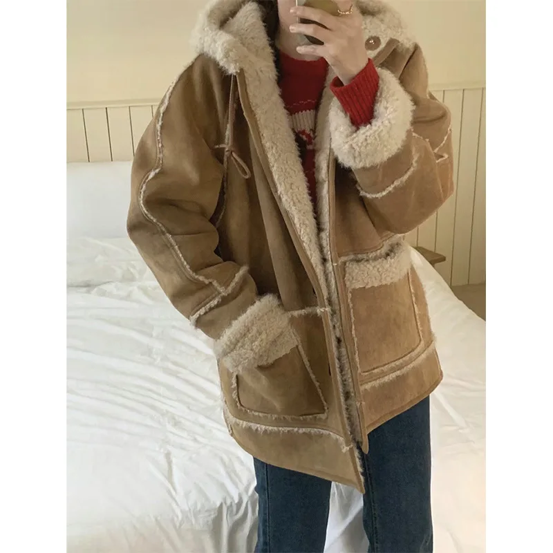 Autumn and Winter Lamb Wool Hooded Coat Loose Thickened Mid-length Fur One-piece Top
Autumn and Winter Lamb Wool Hooded Coat Loose Thickened Mid-length Fur One-piece Top