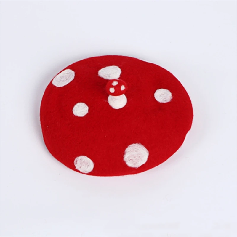 

Women Kids Novelty Cute Small Mushroom Red Beret Handmade Faux Felt Wool White Point Vintage Painter Beanie Hat