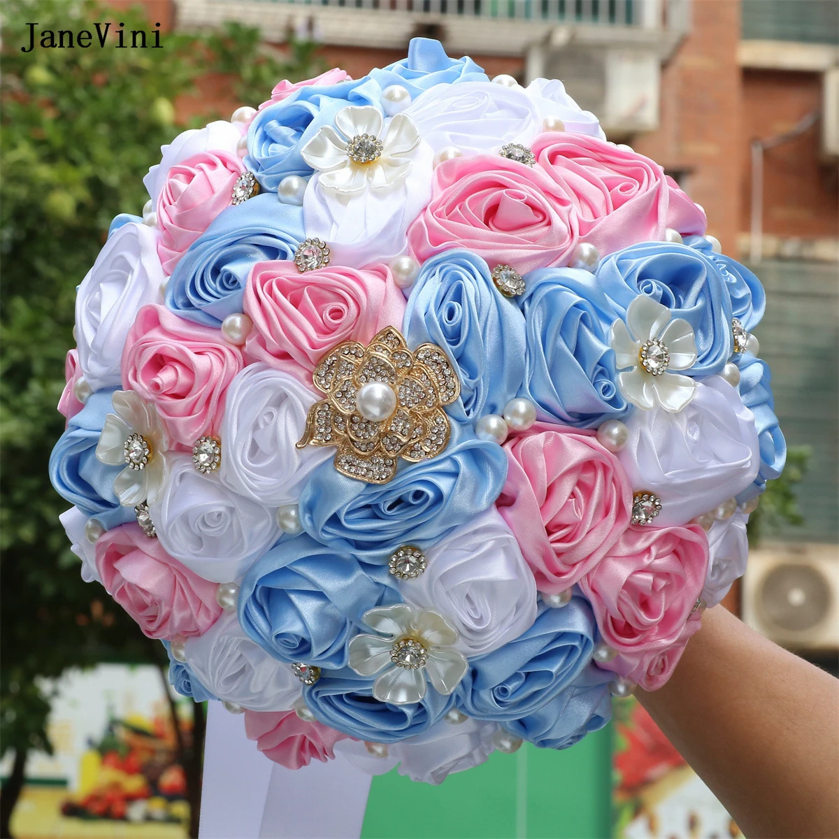 

JaneVini 2024 Charming Pink Blue Flowers Bridal Brooch Bouquets Pearls Crystals Artificial Satin Roses Wedding Bouquet for Bride