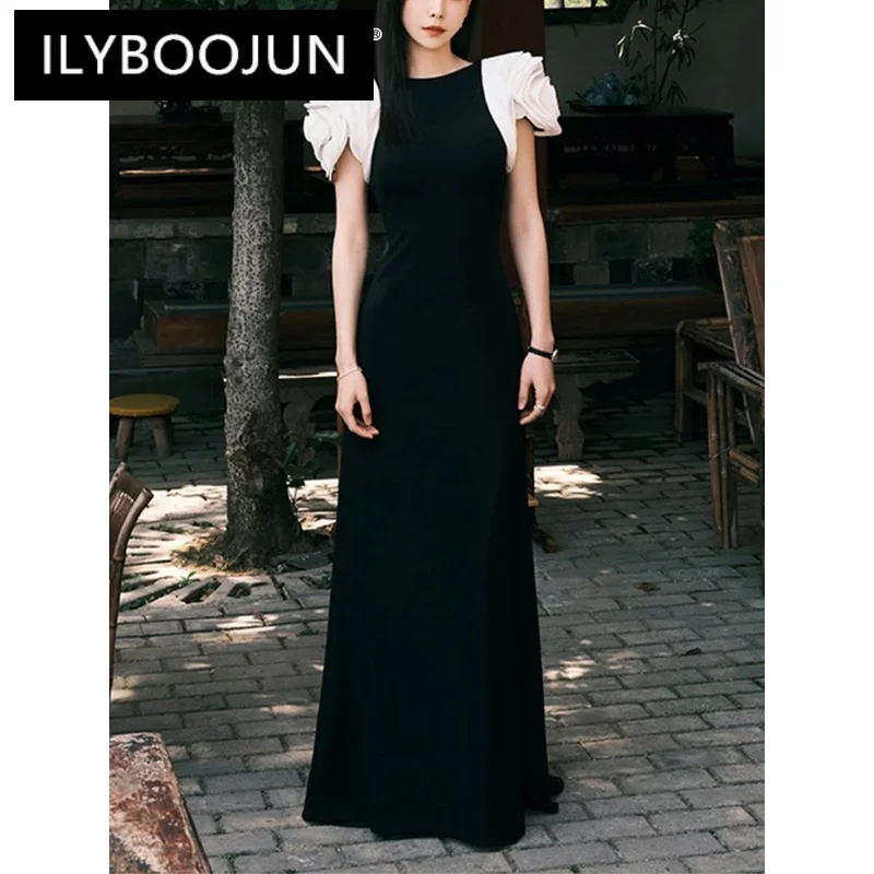 

Платье ILYBOOJUN с цветными блоками и аппликацией для женщин, с круглым вырезом и коротким рукавом, с высокой талией, темпераментные платья, женский стиль