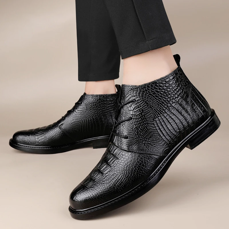 

Мужские кожаные ботинки на низком каблуке, коричневые повседневные ботильоны на шнуровке, на квадратном каблуке, брендовая обувь для зимы 2023