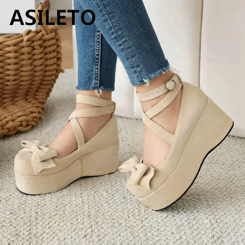 

ASILETO Lolita Girls Sweet Pumps Round Toe Wedges 8.5cm Platform Bowknot Crossover Strap Plus Size 44 45 Bowknot Daily Shoes