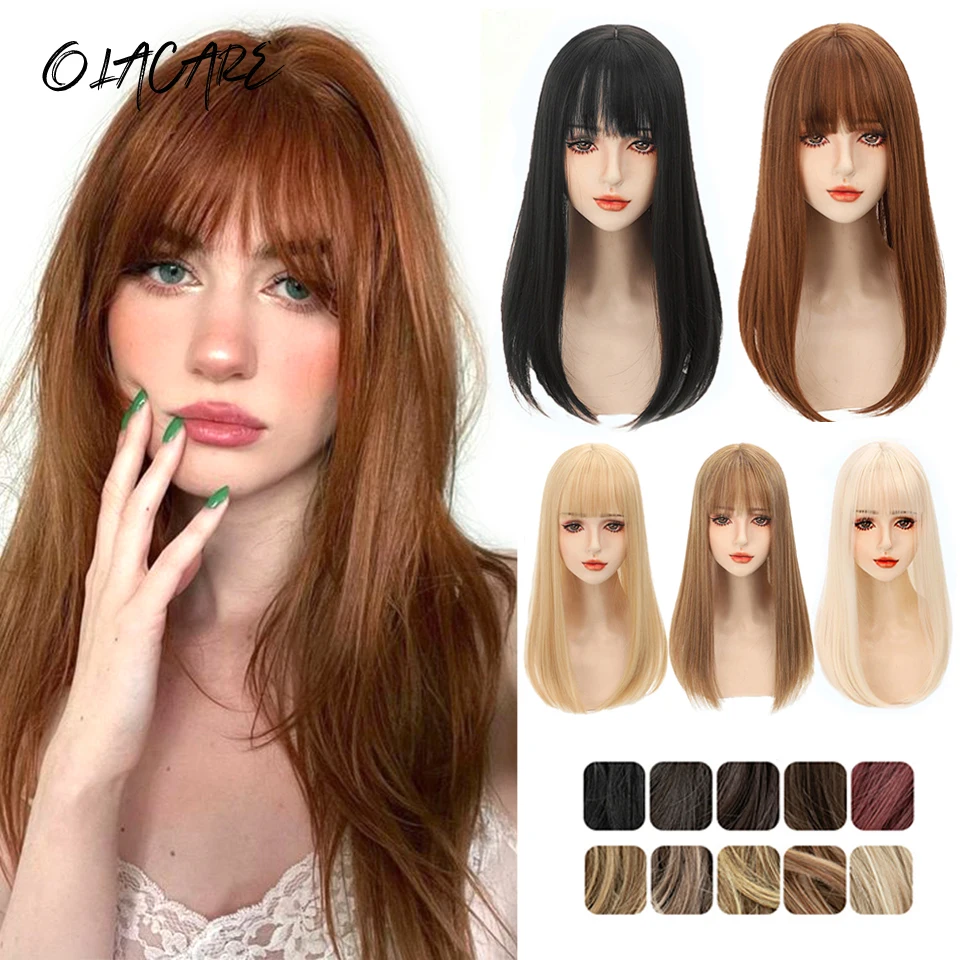 

OLA Long Straight Hair Toppers Clip Hair Extensions Synthetic Hair Topper Natural Black Brown 3-Clip with Bang Fake Hairpiere