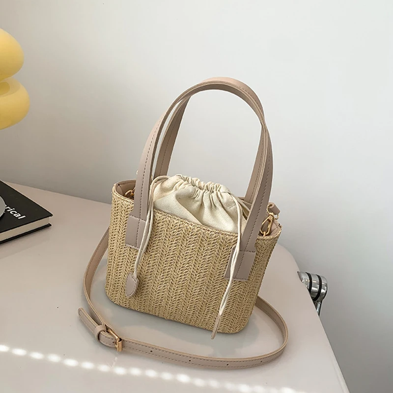 Knit Straw Bucket Tote - Woven Beach Travel Bag with Wrist Handle 21 S5b62952404c842b78fccfa65b9172725g