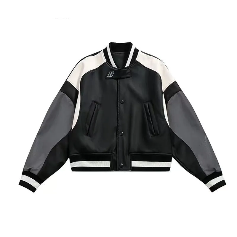 

Women Bomber Jackets Moto Biker Coat Spliced Faux Leather Sleeves Windbreak Varsity Jacket Spring Autumn Fashion Women Clothes