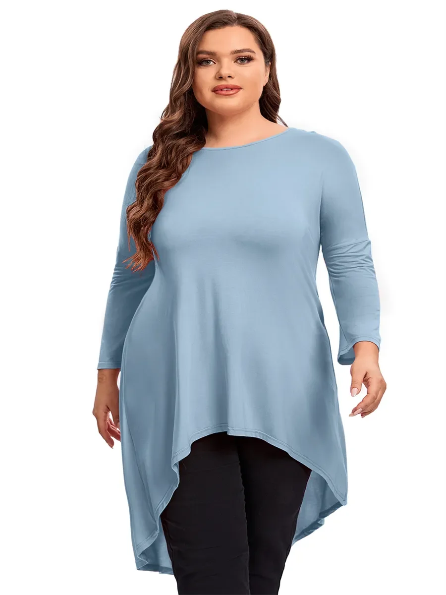 

Plus Size Long Sleeve Spring Fall Hi Low Tunic Tops Women Long Loose Fit Flare Swing Blouse T Shirt Large Size Casual Tops 6XL