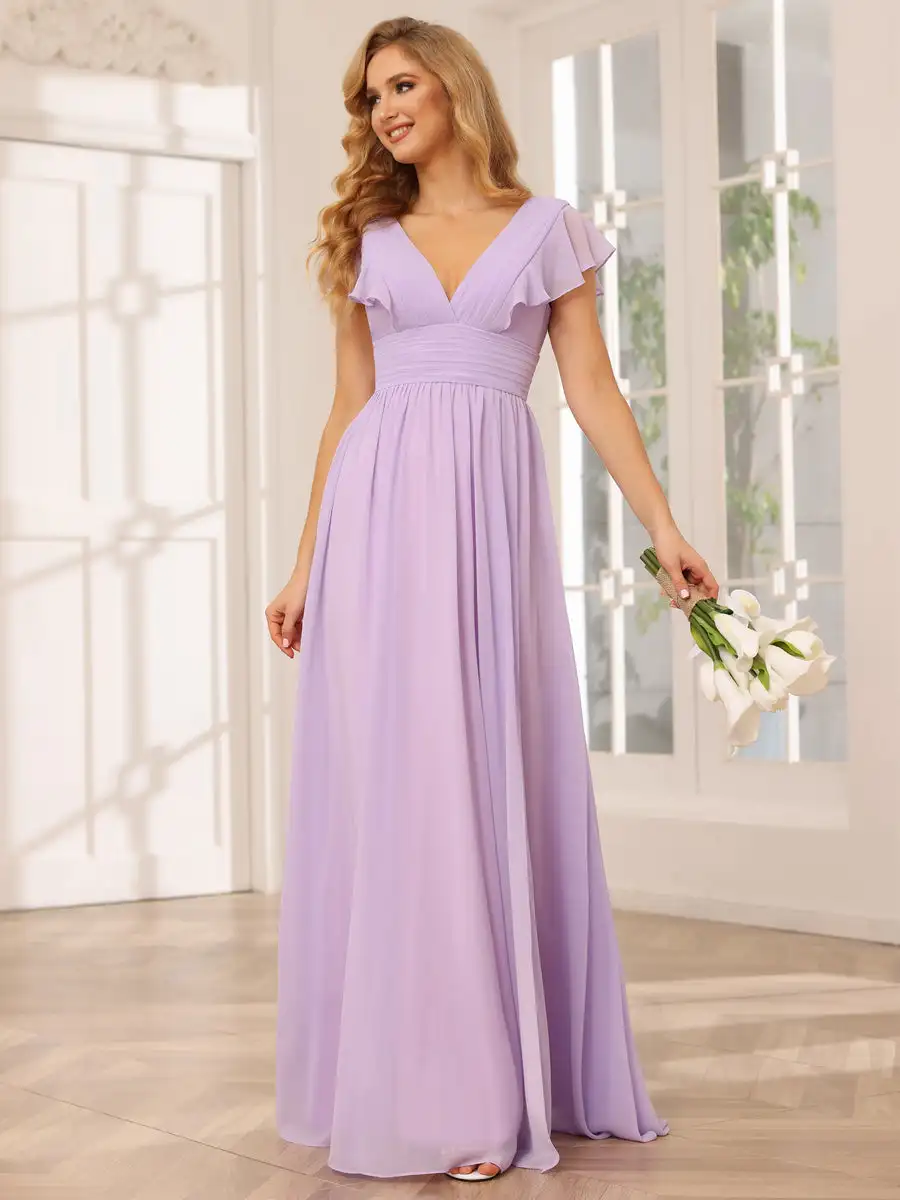 

Women's V Neck Short Sleeve Chiffon Lilac Bridesmaid Dresses for Wedding A Line Slit Pleated Long Formal Party Gowns