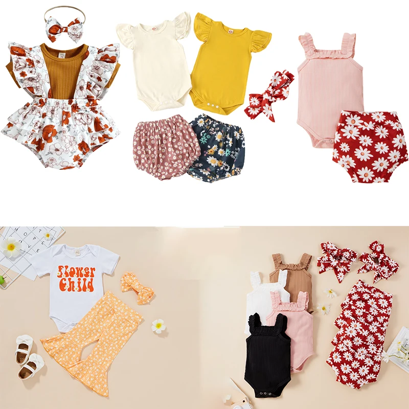 

0-24M Childrens clothing Newborn Infant Flying Sleeve Jumpsuit Suit +Printed Shorts+ Headdress Lovely Baby Girl Summer Clothes