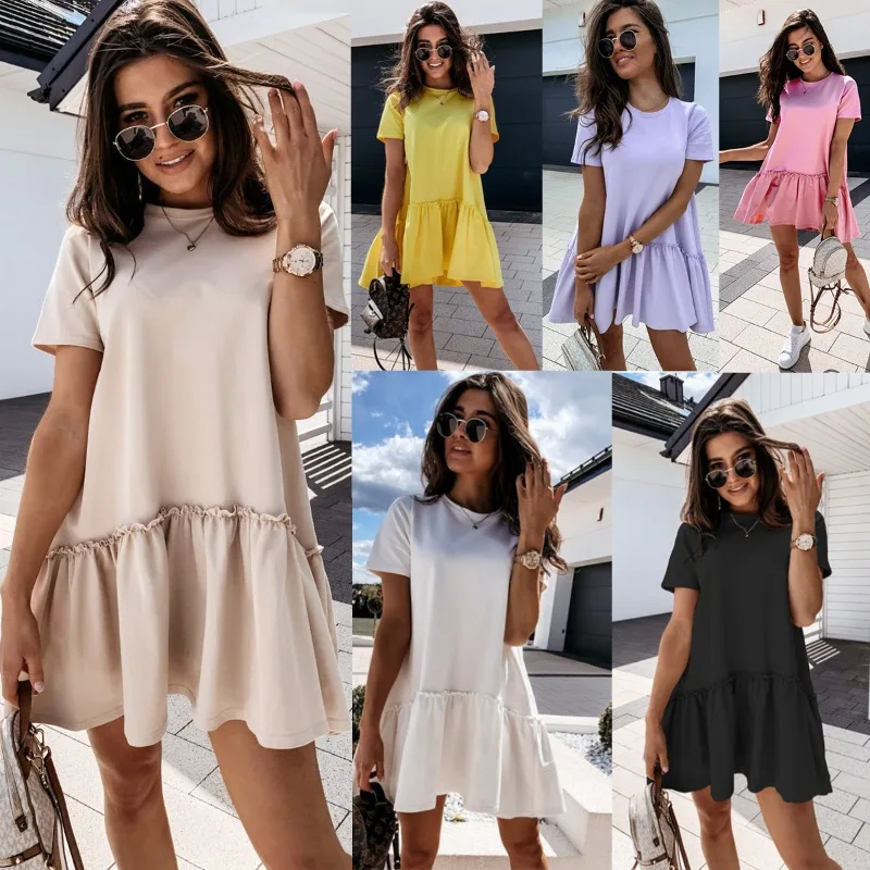 

New Women's Elegant Solid Color Dress Short Dresses Loose Casual Round Neck Short Sleeves Ruffles O-Neck Ladies Party Streetwear