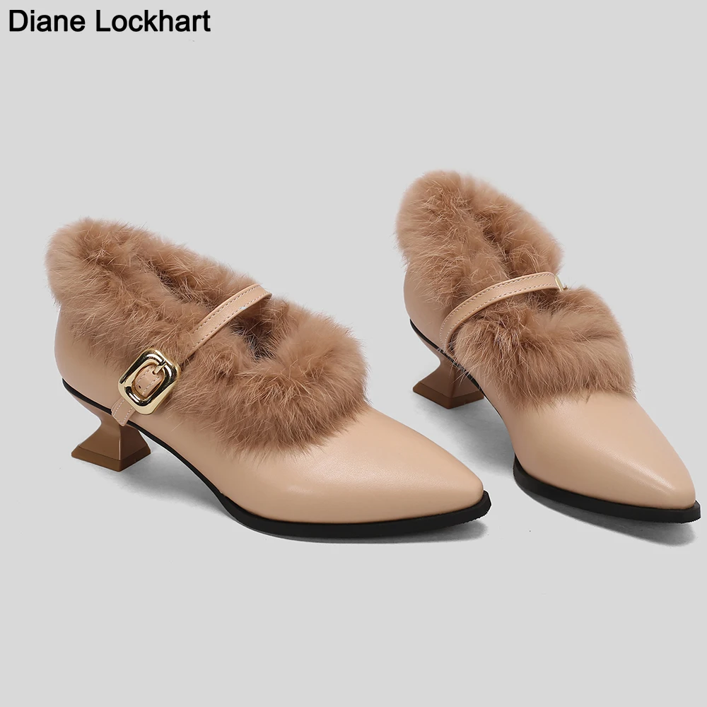 

Luxury Fur Plush Pointed Toe Heels Woman Elegant Furry Word Strap Pumps Ladies Evening Party High Heel Dress Shoes Spot goods