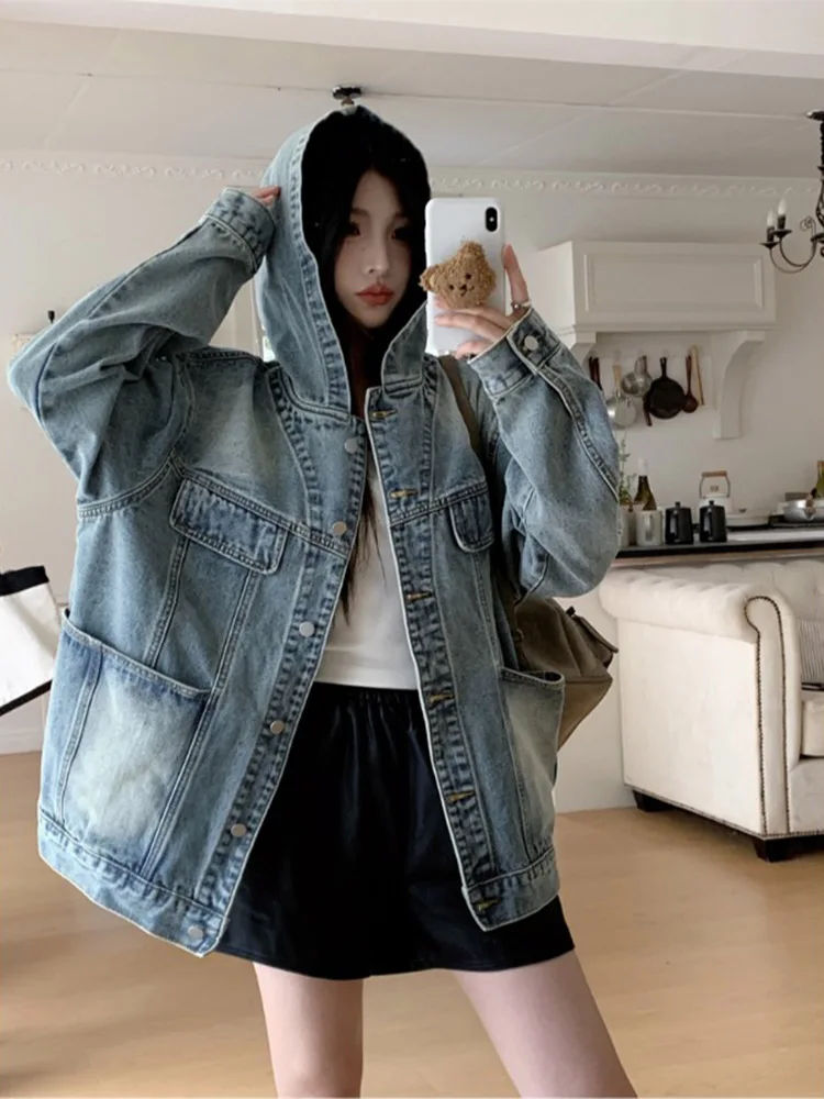 

Loose Washed Denim Hooded Jacket For Women's Spring Instagram Couple Versatile Jacket Top Women's Denim Jacket Jean Jacket