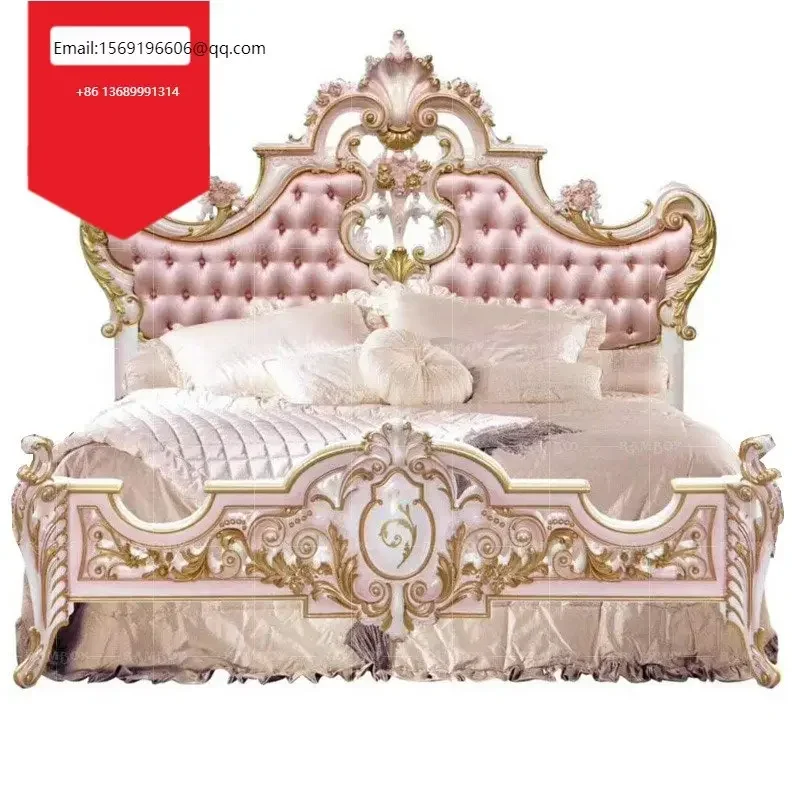 

Французская двухспальная кровать, тканевая резная Свадебная кровать, вилла, Главная спальня, кровать принцессы, цельная деревянная, европейский стиль