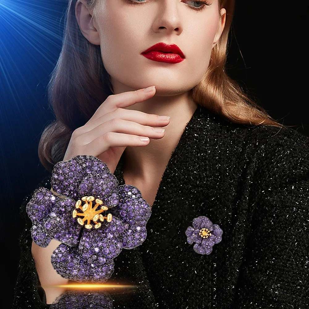 

Модная фиолетовая брошь в форме цветка для женщин, булавки с кристаллами циркона для костюма, элегантная Высококачественная бижутерия, броши для одежды, аксессуары, подарки