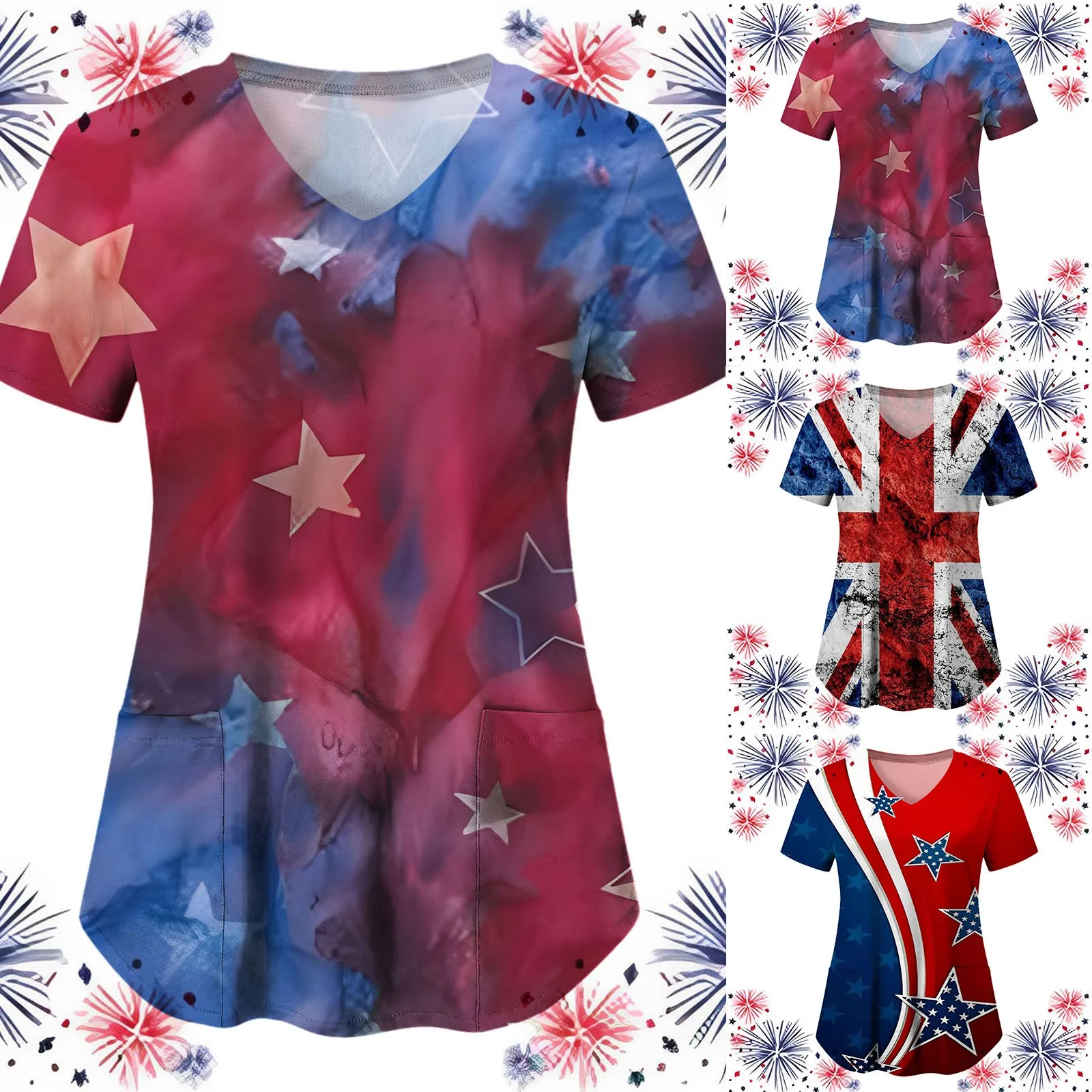 Medical Nurse Uniform Women Independence Day Print Short Sleeve V Neck Working Tops With Pockets Doctor Elastic Workwear Scrubs
Medical Nurse Uniform Women Independence Day Print Short Sleeve V Neck Working Tops With Pockets Doctor Elastic Workwear Scrubs