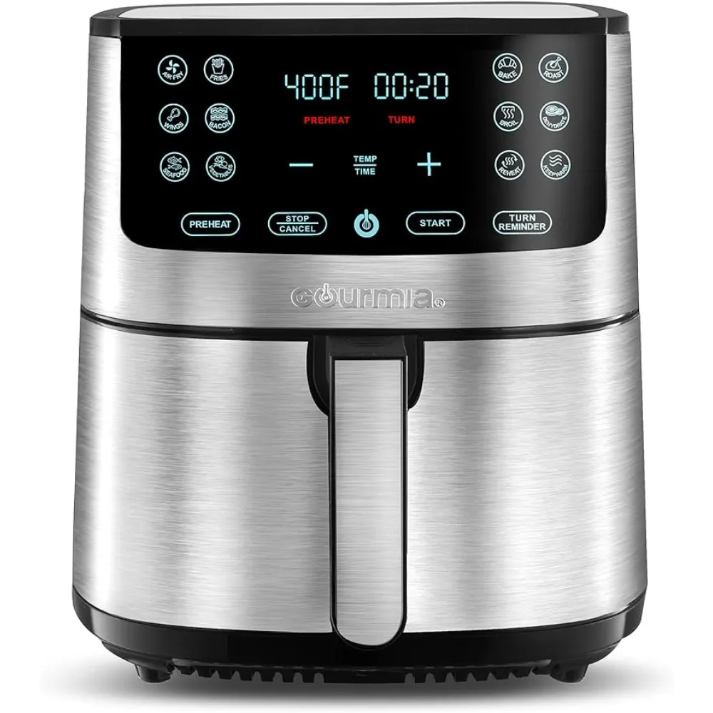 

Gourmia Air Fryer Oven Digital Display 8 Quart Large AirFryer Cooker 12 Touch Cooking Presets, Stainless Steel,Silver