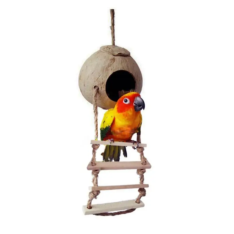 

Coconut Shell Bird Nest Natural Coconut Fiber Shell Bird House For Parrot Hangings Swing Hideout Toys With Ladder Breeding Nest