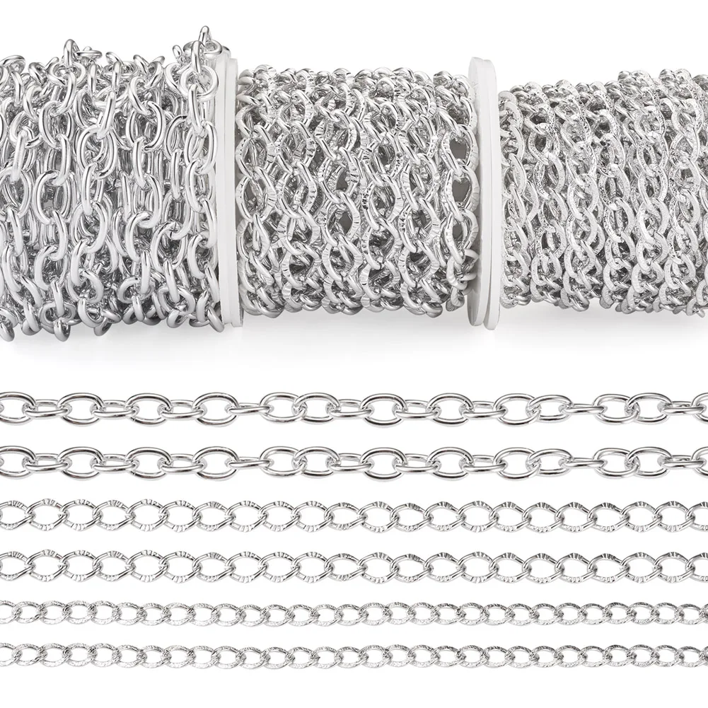 

3 Rolls Aluminium Cable & Textured Curb Chains Unwelded Open Link Chain For DIY Jewelry Making Material Handmade Supplies