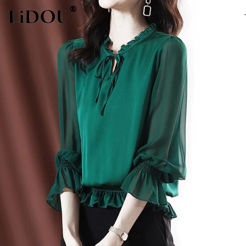 Female Ruffles Bow Lace Up Long Sleeve Chiffon Shirt Summer New Fashion Office Lady Pure Waist Temperament Commute Blouse Tops
Female Ruffles Bow Lace Up Long Sleeve Chiffon Shirt Summer New Fashion Office Lady Pure Waist Temperament Commute Blouse Tops