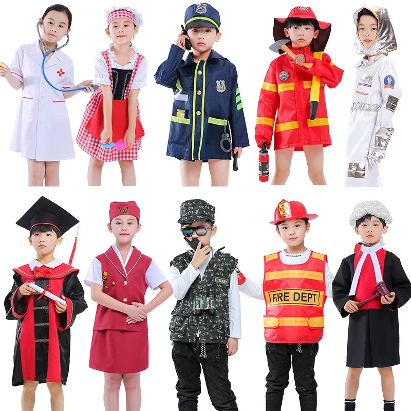 

Funny Pro Cosplay Costume for Kids Toys Policeman Fireman Doctor Airplane Captain Nurse Astronaut Chief Judge Role Play Suit