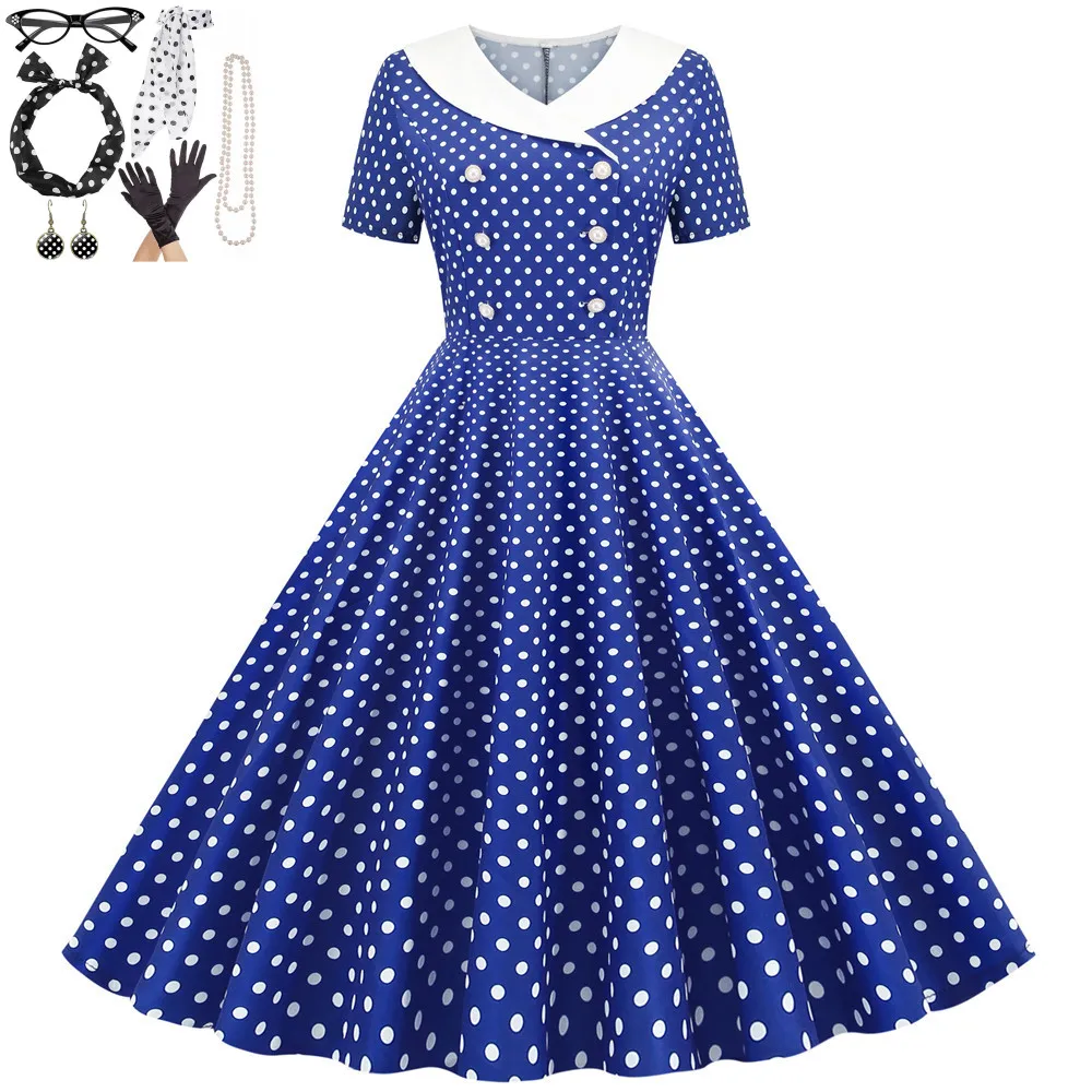 

7pc/set Women New 2 Button Rockabilly Flare Dress Polka Dots Print Dress 1950s 50s Audrey Hepburn Retro Vintage Party Dresses