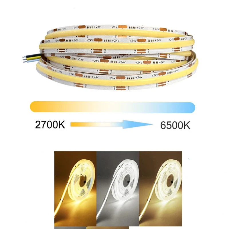 

5m COB CCT LED Strip Light 608 LEDs/m High Density Flexible Dimmable FOB Led Tape 2700K to 6500K Changeable 3 wires DC12V 24V