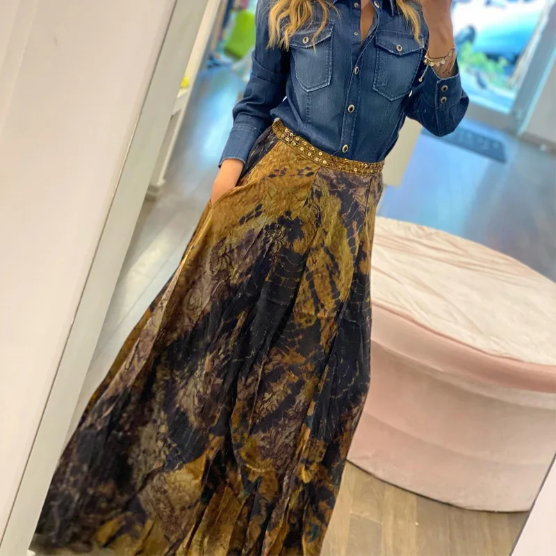 2023 Autumn Clothes Women Elegant Skirts Vintage Color Print Elastic Waist Long Skirt Office Lady Casual Loose Hem Fashion Skirt
2023 Autumn Clothes Women Elegant Skirts Vintage Color Print Elastic Waist Long Skirt Office Lady Casual Loose Hem Fashion Skirt