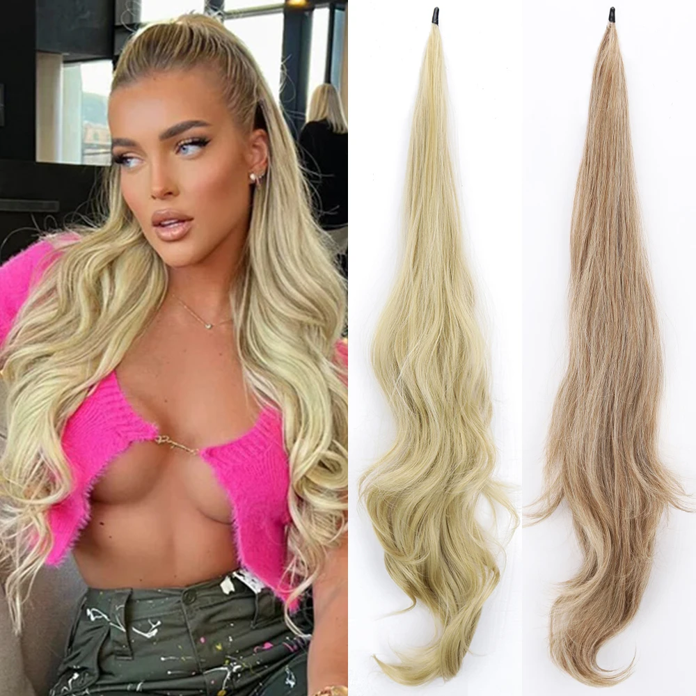 

30Inch Synthetic Flexible Wrap Around PonyTail Long Wavy Ponytail Hair Extensions Natural Blonde Hairpieces For Women Daily Use