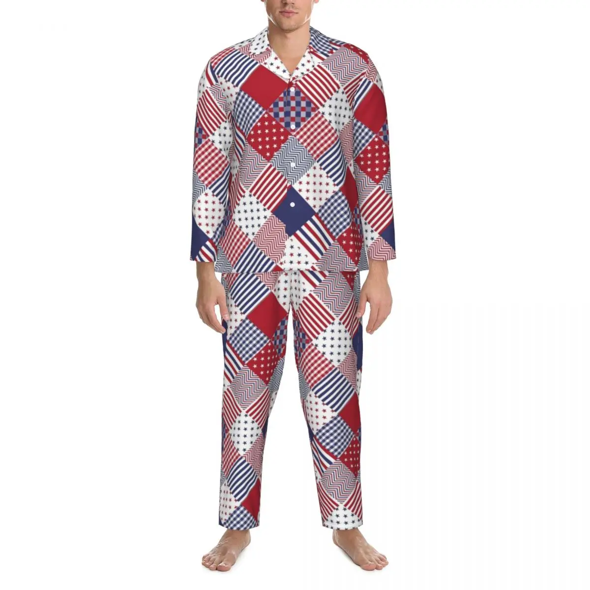 

USA Flag Patchwork Pajama Set Blue And White Stripes Trendy Sleepwear Couple Long Sleeve Casual Sleep 2 Pieces Nightwear