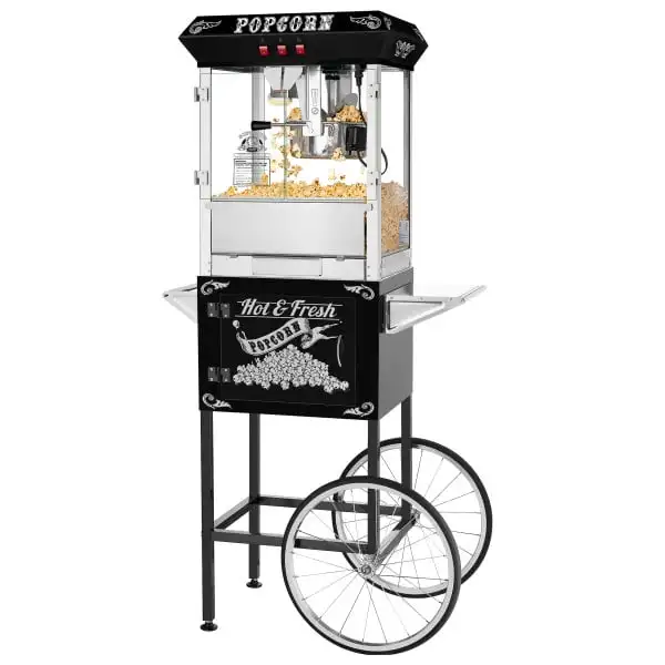 

Machine with Cart – 8oz Popper with Stainless-steel Kettle, Heated Warming Deck, and Old Maids Drawer by (Black)