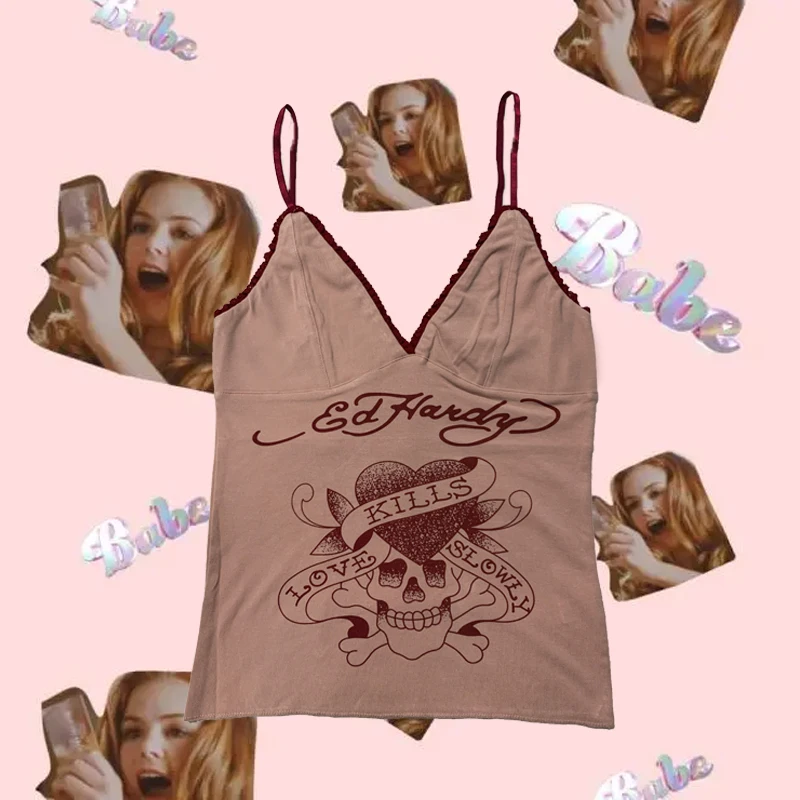 

Streetwear Hip Hop Sling Punk Skull Lace Sexy Low Crop Top Summer Y2k Tank Girl Body Clothing Pink Coquette 2000s Gothic Corset