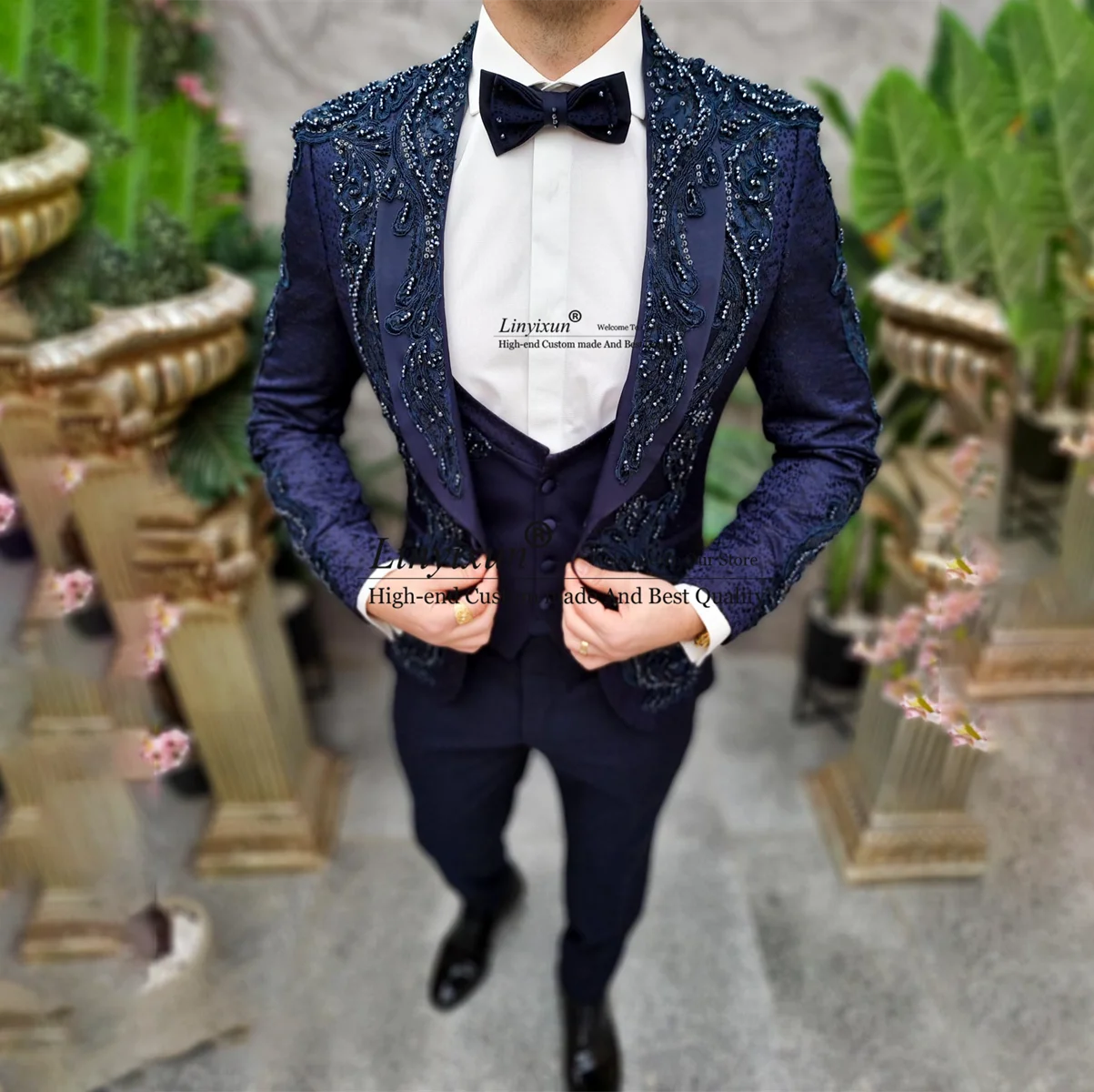 

Luxury Beaded Crystals Mens Suits Slim Groom Wedding Tuxedos 3 Pieces Sets Bridegroom Prom Blazers Fashion chalecos para hombre
