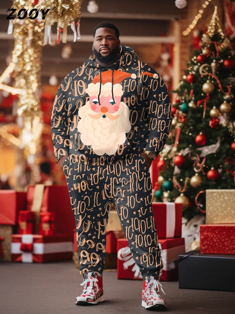 

ZOOY (L-9XL) Men's Plus Size Suit Snowflake Lost Bell Doodle Graffiti Merry Christmas Polka Dot Snowman Long Sleeve Hoodie Set