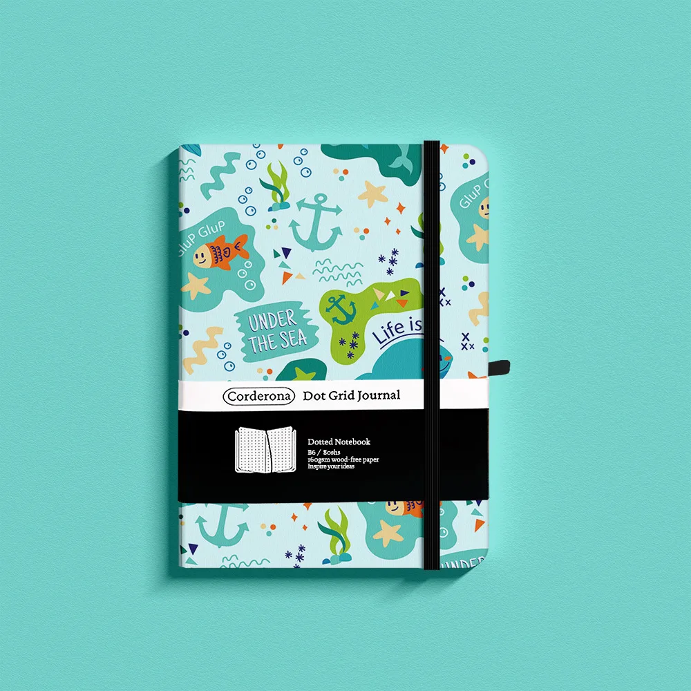 

Doodle Sea Bullet Dotted Journal B6 Elastic Band Back Pocket Thick Paper Diary Planner 160gsm Hardcover Dot Grid Notebook