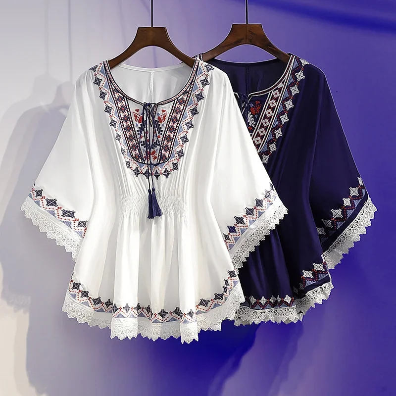 Women Summer T Shirts Plus Size Boho Embroidery Cloak Top Loose Lace Hem Bat Sleeve Kimono Shirt Blusa Feminina X763
Women Summer T Shirts Plus Size Boho Embroidery Cloak Top Loose Lace Hem Bat Sleeve Kimono Shirt Blusa Feminina X763