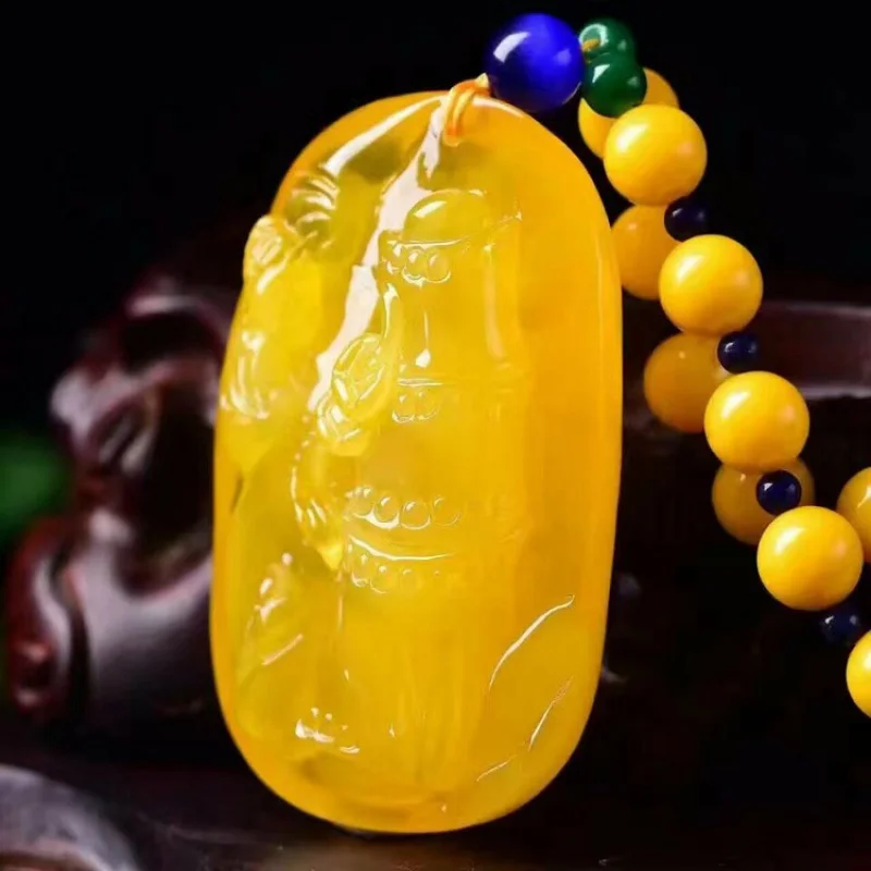

Yellow Chicken Grease Beeswax Pendant Amber Rough Stone Festival High-Rise Pendant Men's and Women's Sweater Chain