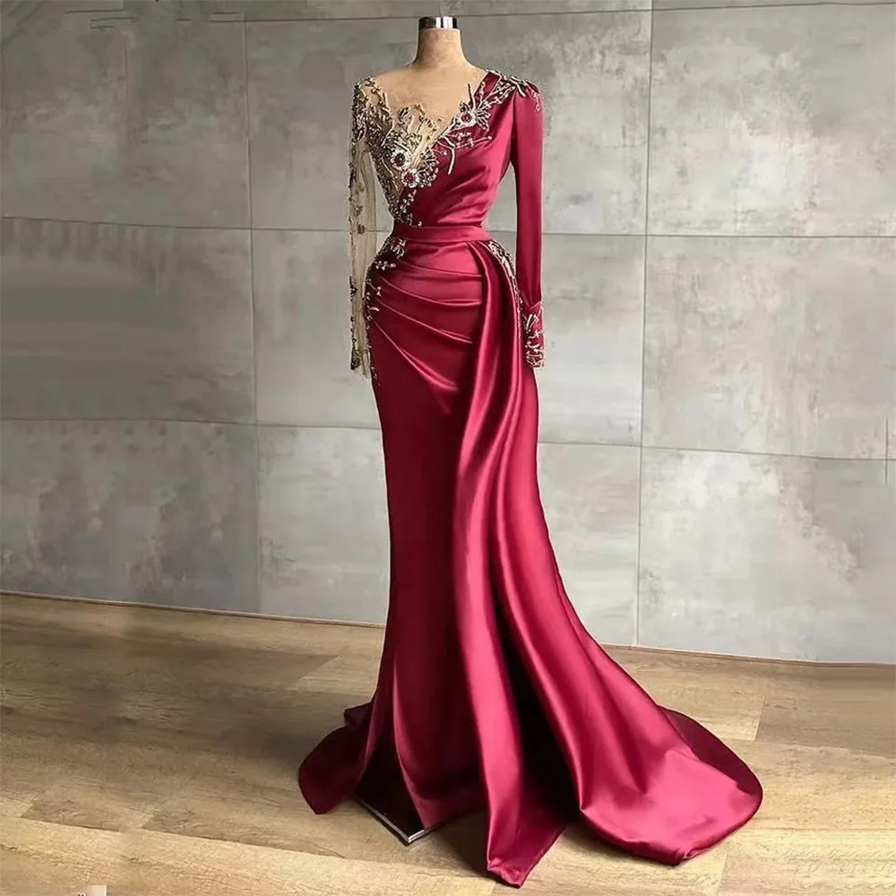 

FDY Gorgeous Dark Red Pageant Prom Dress Mermaid Evening Dresses Long Sleeves Applique Beads Pleats Dubai Women Party Gowns